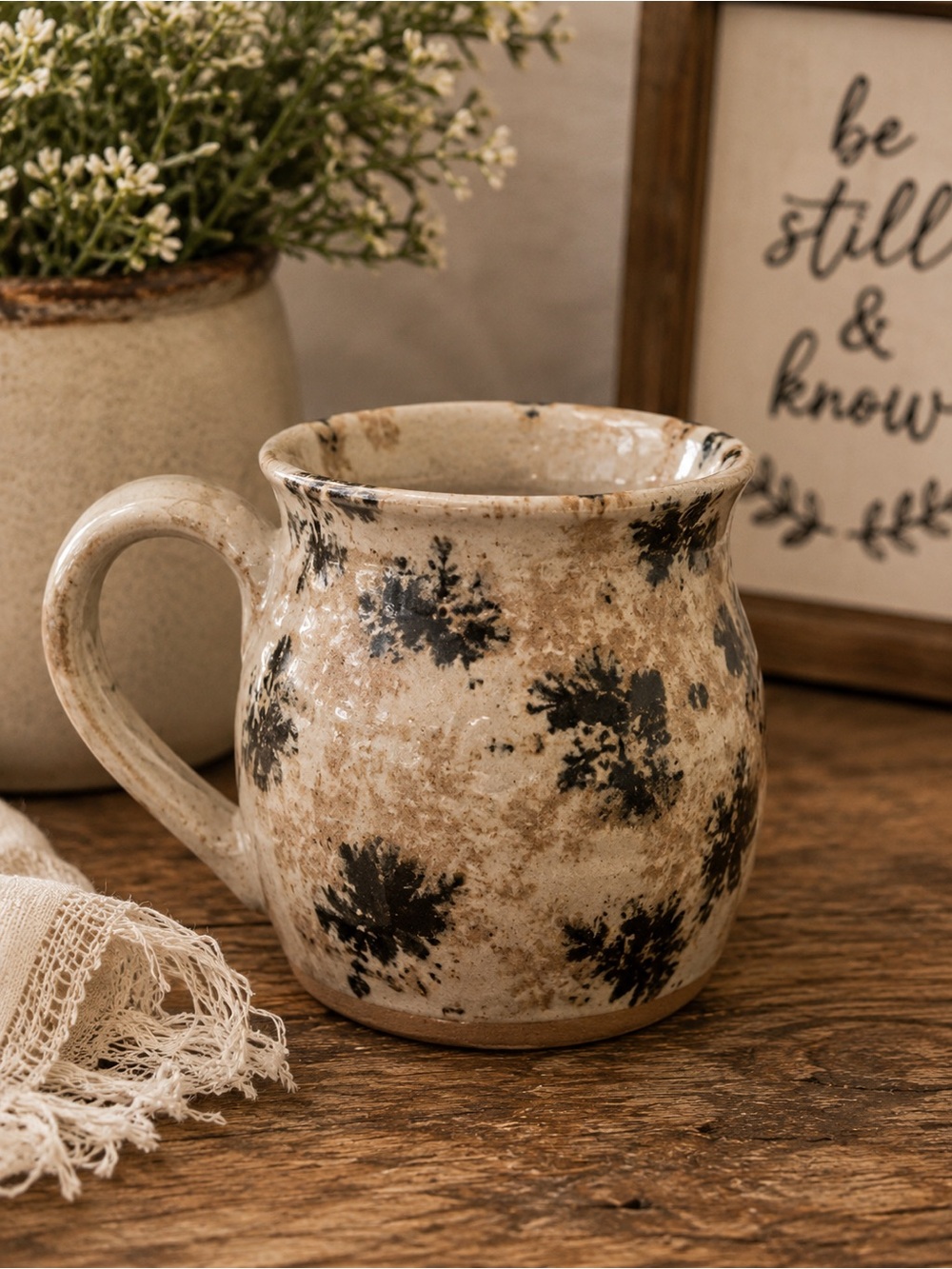 Stoneware Pottery Mug Spotted Speckled‎ Earth Tone Hand Thrown With Maker Mark